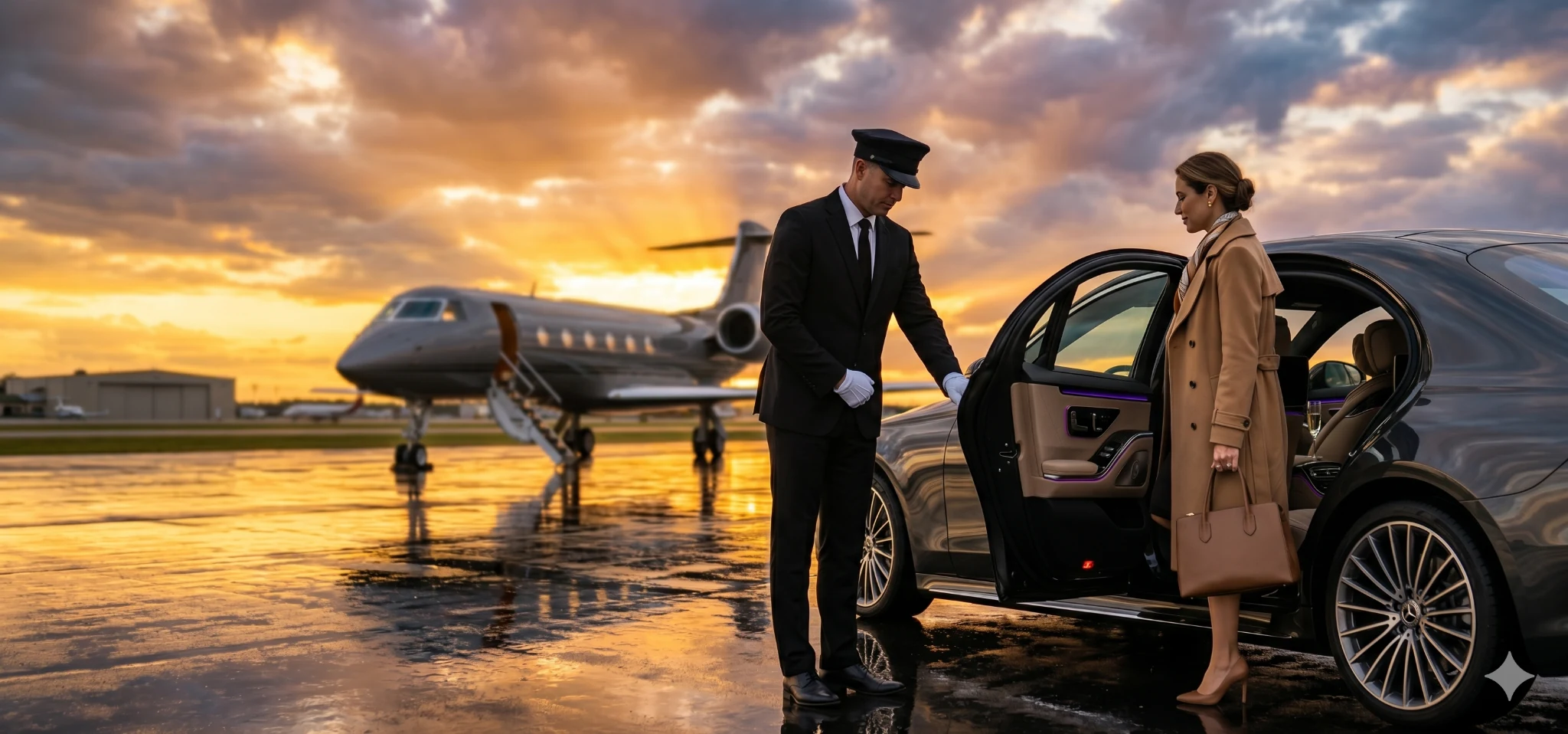 Luxury sedan and private jet